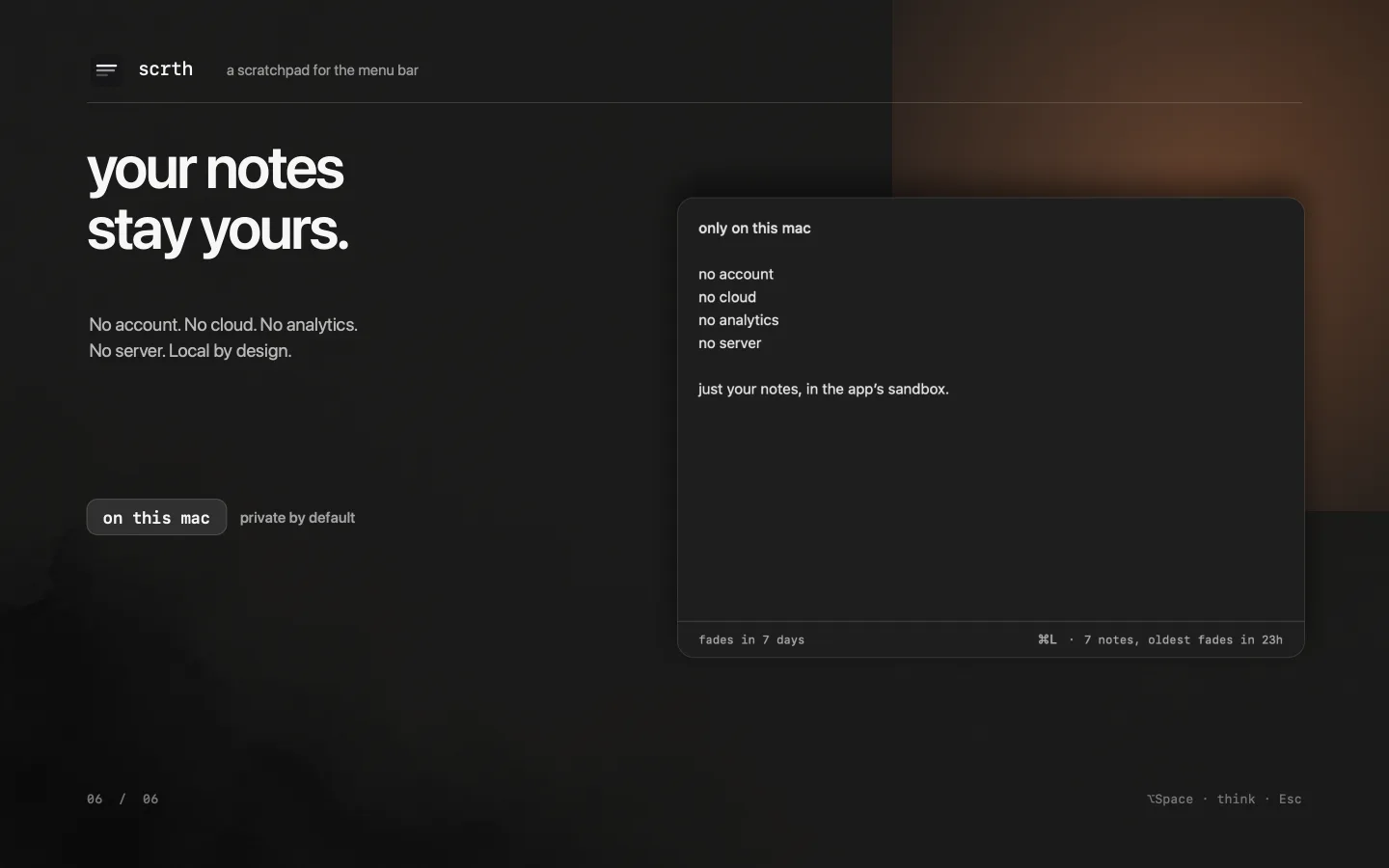 dark scrth note panel explaining that notes stay on this Mac